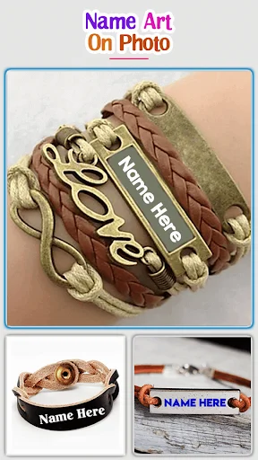 Personalized bracelet templates with 'Love' and 'Name Here' text on woven jewelry designs