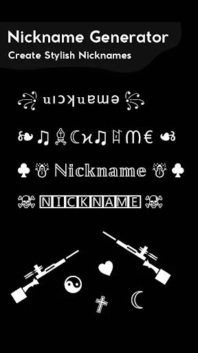 Nickname Generator app splash screen showing stylized nickname examples with fancy fonts, symbols, and gaming icons