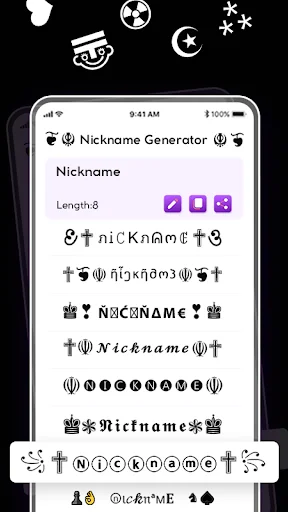 Nickname generator interface displaying multiple styled nickname variations with different fonts and decorative symbols