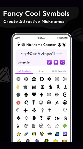 Fancy symbols selector screen showing grid of decorative icons including stars, crowns, hearts for customization