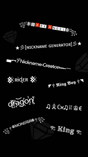 Collection of stylized nickname examples in various fancy fonts with decorative symbols for gaming profiles