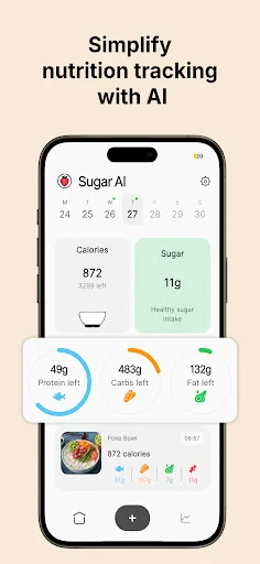 Sugar AI nutrition tracker home screen displaying daily calorie intake, sugar content, and macronutrient breakdown with food photo