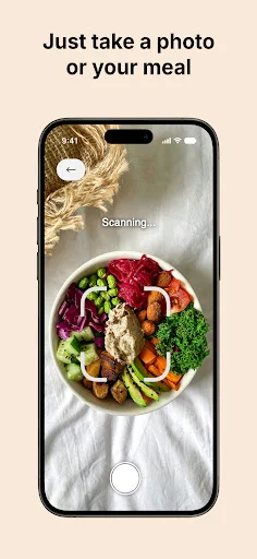 Sugar AI camera interface actively scanning a colorful plate meal to analyze nutritional content with scanning indicator