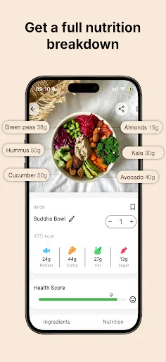 Detailed nutrition breakdown showing identified food ingredients with portion sizes, macronutrient bars, and health score meter