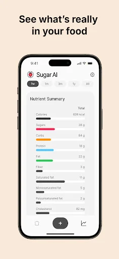 Sugar AI comprehensive nutrient list displaying detailed nutritional information including sugars, carbs, protein, fats, and fiber
