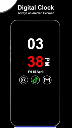 Digital clock display showing 24-hour time format and date on AMOLED always on screen with personalization options