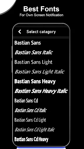 Font selection menu displaying Bastian Sans typography styles for AMOLED notification screen customization