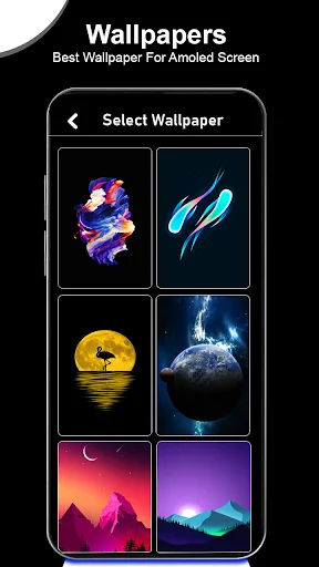 Wallpaper gallery showcasing colorful cosmic and neon backgrounds for AMOLED always on screen personalization