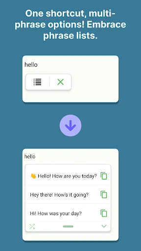 Texpand multi-phrase expansion options showing hello shortcut expanding to multiple greeting phrase variations