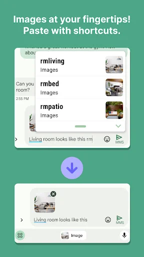 Texpand image shortcuts interface with rmliving, rmbed, and rmpatio shortcuts displaying thumbnail images