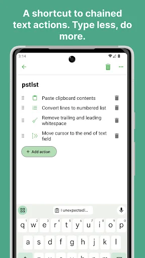 Texpand chained text actions feature showing pstlist with multiple automation options like paste, format, and numbering