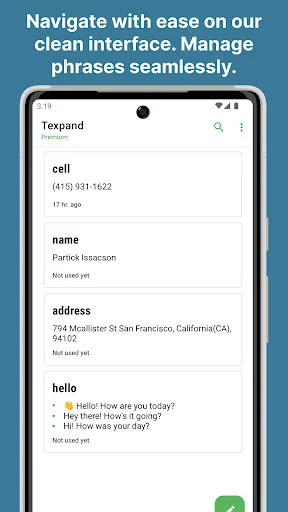 Texpand main interface with organized shortcuts list including cell, name, address, and hello for easy management