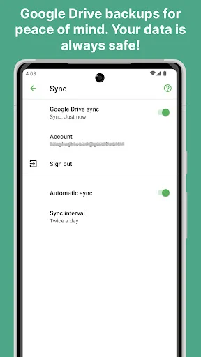 Texpand Google Drive sync settings showing automatic backup and account synchronization for data protection