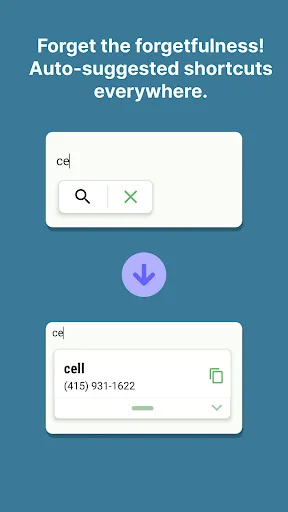 Texpand auto-suggestion feature displaying shortcuts as user types, with cell shortcut preview and copy functionality