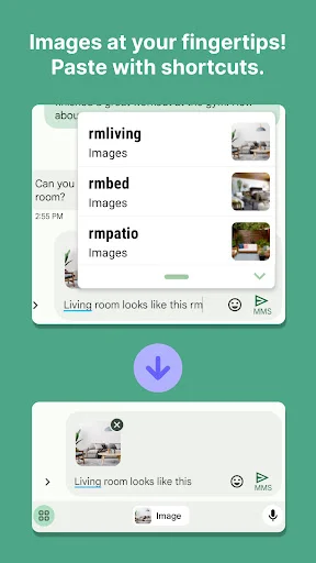 Texpand image shortcuts feature showing rmliving, rmibed, and rmpatio image previews ready to paste in messaging