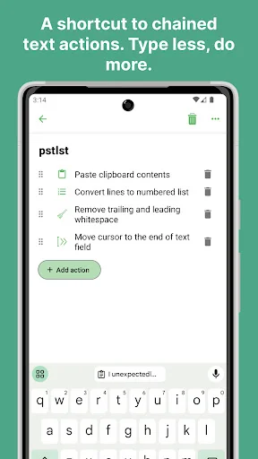 Texpand action shortcut editor showing pstlist with chained text actions including paste, convert, and remove whitespace