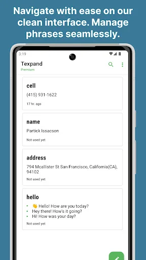 Texpand main interface displaying list of shortcuts including cell, name, address, hello with usage details