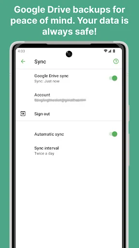 Texpand Google Drive sync settings showing enabled backups, account management, and automatic sync interval configuration