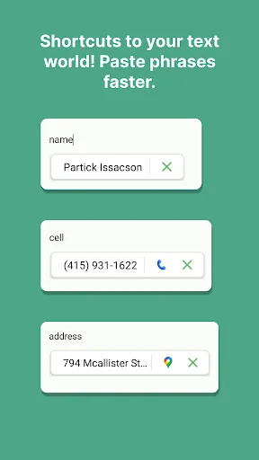 Texpand text shortcuts interface showing quick-access shortcuts for name, cell, and address for fast phrase pasting