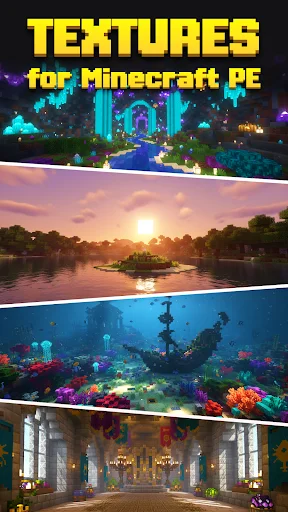 Minecraft PE Textures app home screen showing diverse texture pack previews: neon city, sunset, underwater coral, and palace interior themes