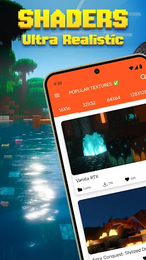 Shaders Ultra Realistic menu showing popular Minecraft texture pack options with 128x128 resolution and water shader effects