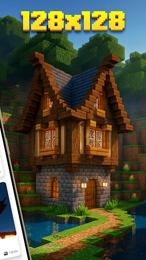 128x128 resolution Minecraft PE texture pack preview featuring detailed wooden house with blue roof and natural landscape