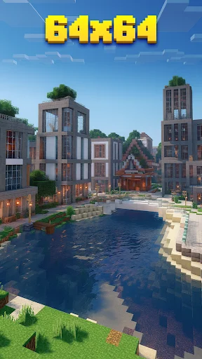 64x64 resolution texture pack preview showing Minecraft urban cityscape with modern buildings, plaza, and water features