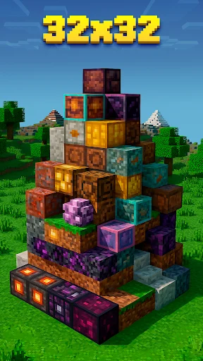 32x32 texture pack resolution preview displaying tower of colorful Minecraft blocks showing ultra-low resolution texture quality