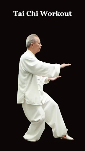 Tai Chi Workout app showing senior man in white demonstrating tai chi balance pose on black background