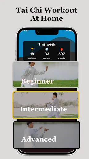Tai Chi Workout home menu with Beginner, Intermediate, Advanced difficulty levels and weekly stats showing 18 workouts, 507 cal
