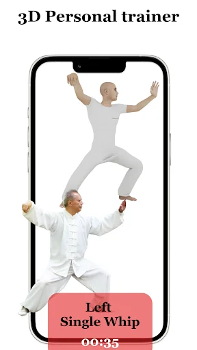 3D personal trainer demonstrating Left Single Whip tai chi exercise with 00:35 timer for guided practice