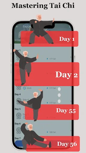 Mastering Tai Chi progression showing Days 1, 2, 55, 56, and 7 of a multi-day workout program schedule