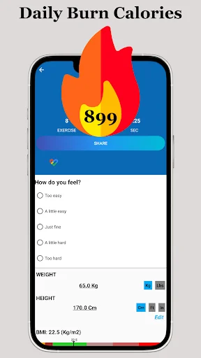 Daily Burn Calories tracker displaying 899 calories burned with personal health metrics: weight, height, BMI, mood check-in