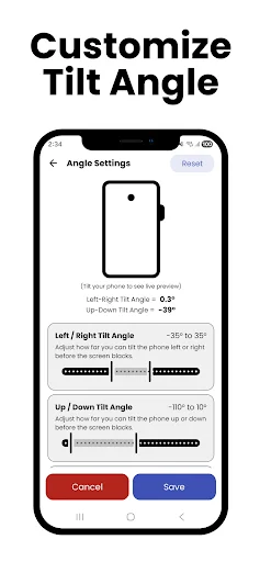 Tilt Guard Angle Settings screen with sliders to customize left right up down tilt sensitivity for auto-hide