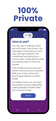 Tilt Guard how to use instructions with floating control bar for auto-mode and manual screen hiding options