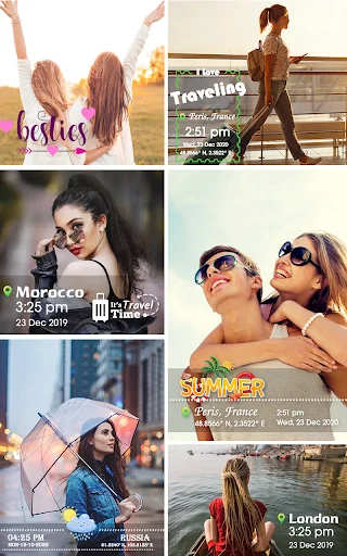Camera Time Stamp GPS Camera app showcase: grid of photos with date, time, and location stamps overlaid on travel and lifestyle photos