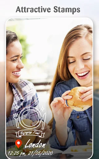 Attractive Stamps feature: photo of two women eating with decorative camera icon, fun text overlay, location London timestamp 12:26 pm 21/05/2020