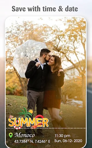 Save with time and date feature: couple with umbrella photo with colorful Summer text stamp, Monaco GPS location, complete timestamp 11:30 pm Sun 06-12-2020