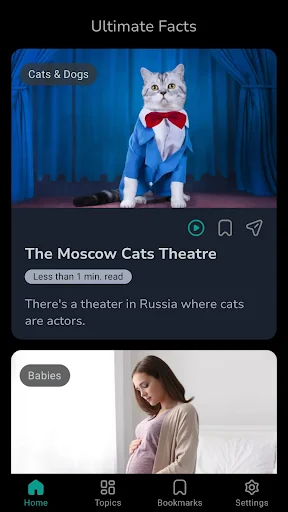 Ultimate Facts entertainment app displaying fun fact card about Moscow Cats Theatre featuring cat actor image with bookmark and share buttons