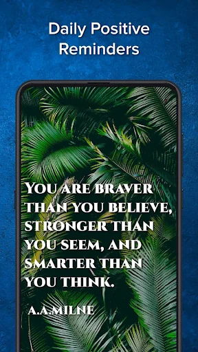 Daily Quotes app showing motivational quote by A.A. Milne on palm leaf background - daily positive reminders feature