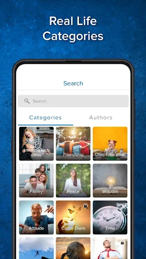 Quote categories screen with search bar showing Family, Peace, Wisdom, Attitude, Time options - organized inspiration
