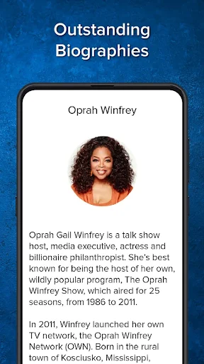 Oprah Winfrey biography page with profile photo and life story - inspirational figures in Daily Quotes app