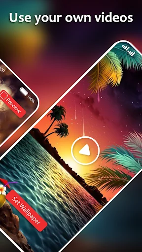 Video wallpaper app interface displaying tropical sunset scene with use your own videos feature