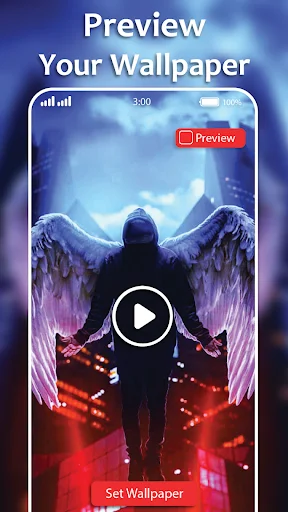 Preview your wallpaper feature displaying artistic winged figure video on phone mockup screen
