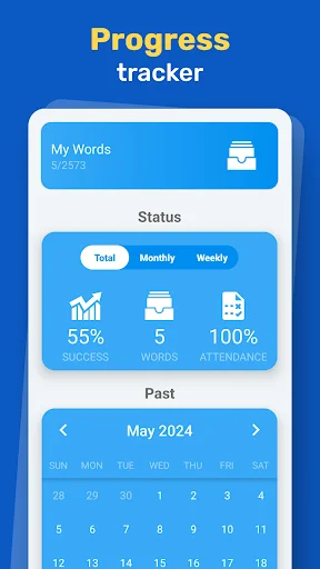 Progress tracker showing vocabulary learning stats, success rate, and May 2024 calendar for daily practice