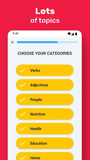 English vocabulary learning app category selection screen showing topics like Verbs, Adjectives, People, Nutrition
