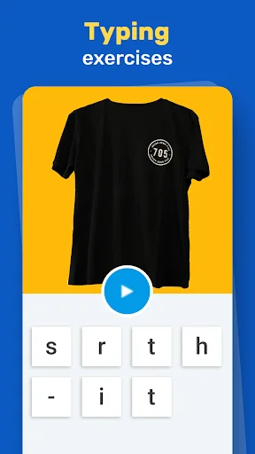 Typing exercise in English vocabulary app showing t-shirt image with letter tiles for spelling practice