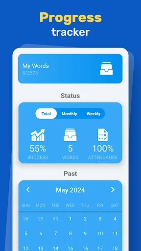 Progress tracker showing vocabulary learning stats, success rate, and May 2024 calendar for daily practice