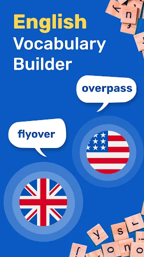 English Vocabulary Builder app home screen with UK and US flags showing vocabulary words flyover and overpass