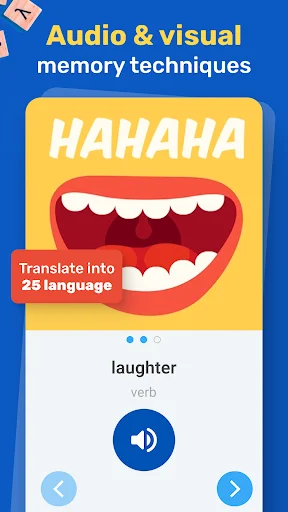 Audio visual memory technique for learning English word laughter with mouth illustration and pronunciation button